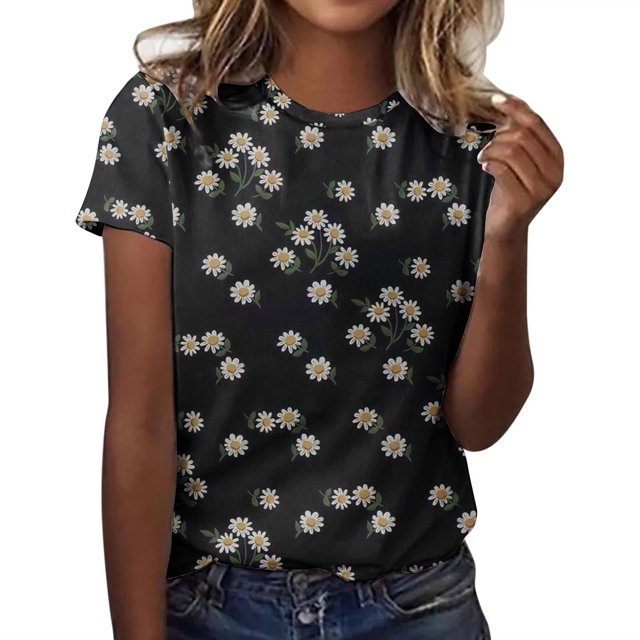 Tops de Algodón para Mujeres Flores Y Plantas Informales Impresas Cuello Redondo, Camiseta de Manga Corta para el Hogar Y Diario