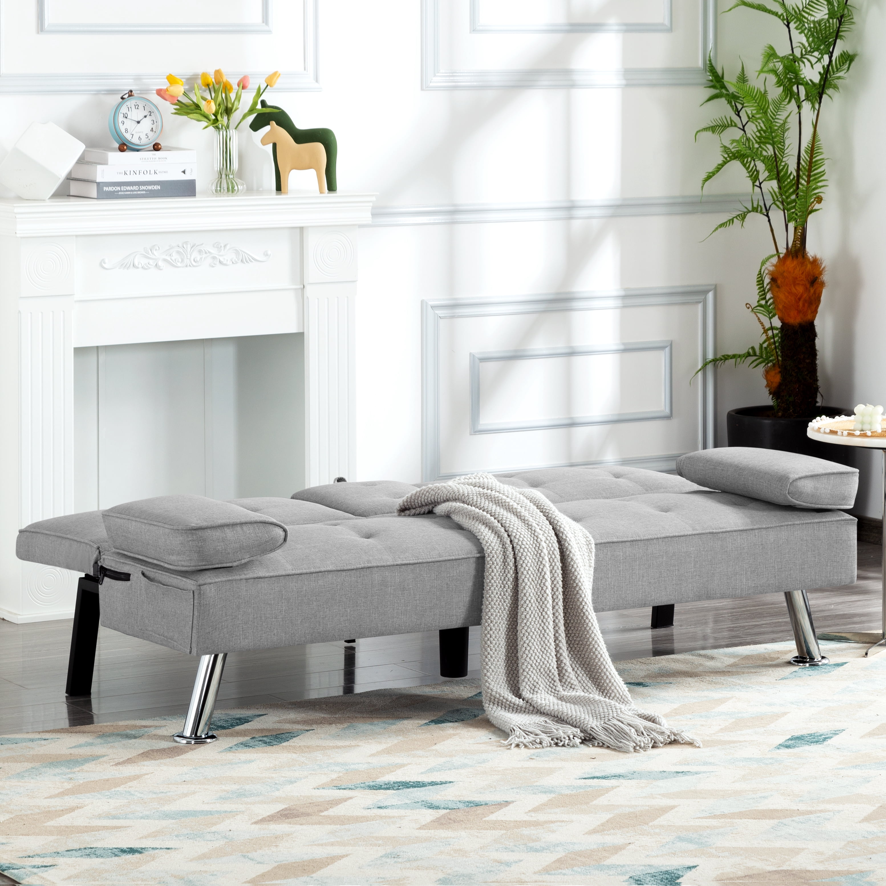 Gewnee Futon Sleeper Sofa Bed Modern Polyester Couch Convertible Folding Recliner Living Room Furniture with 2 Cup Holders for Guest Room,Living Room