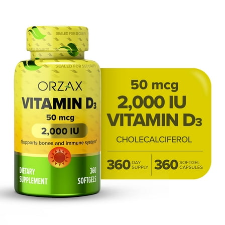 ORZAX Vitamin D3 Softgels, 2000 IU, 360 Count (Pack of 1)