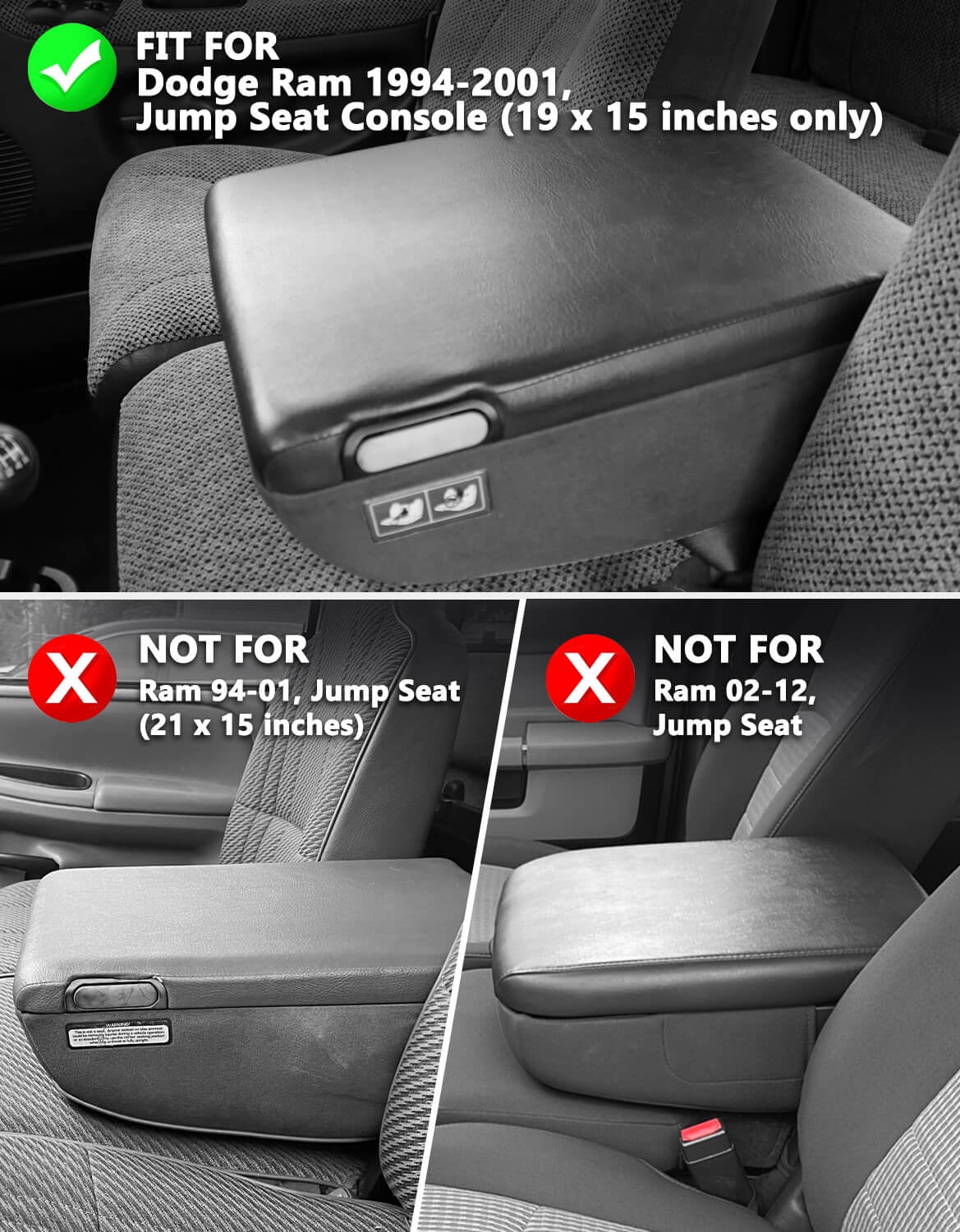 KBH Center Console Cover for 1994-2001 Dodge Ram 1500 2500 3500 Accessories, 19"x15" Jump Seat, Black Leather Armrest Lid Cushion Pad for Truck Interior