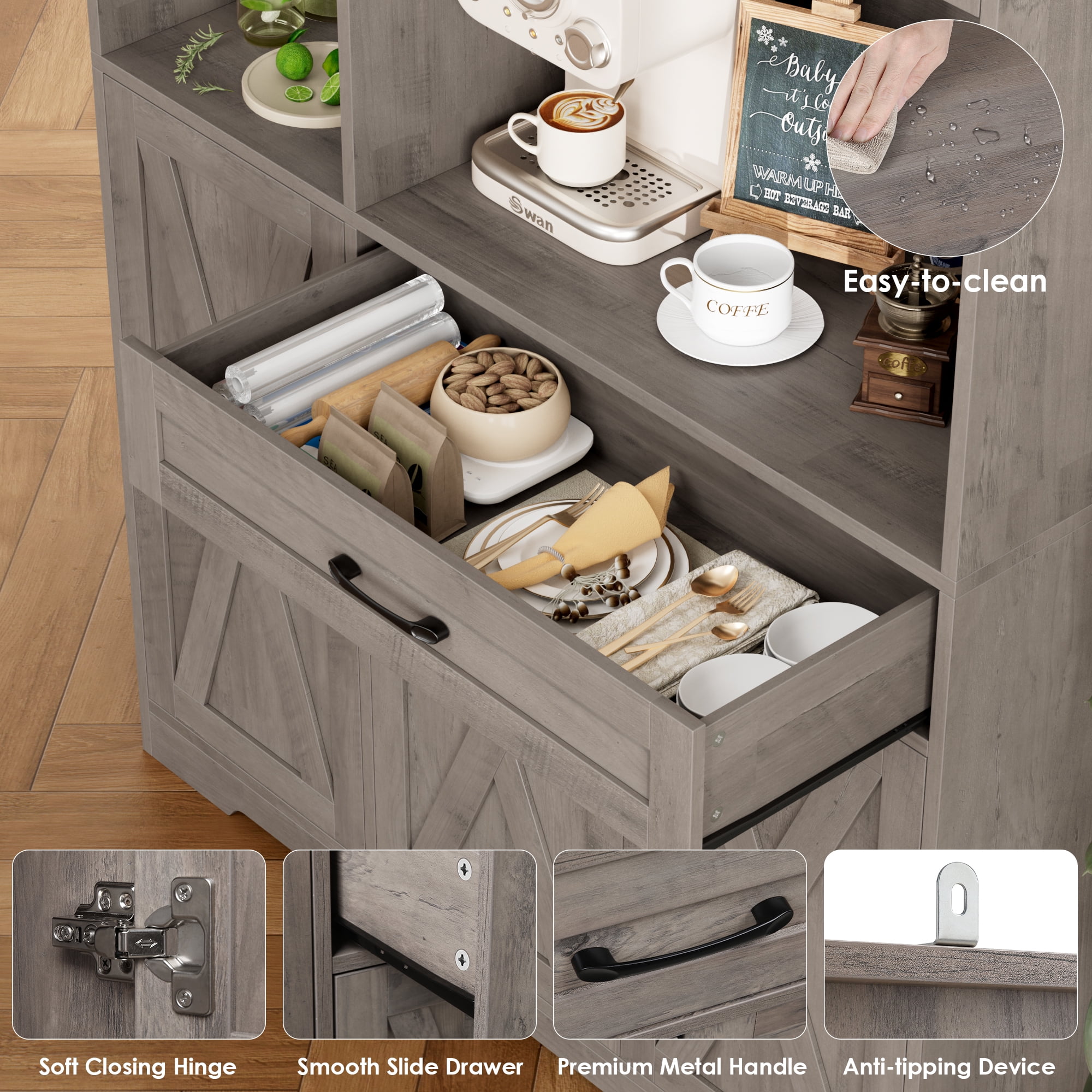 Hiphuta 71"Farmhouse Kitchen Pantry Storage Cabinet, Freestanding Hutch Cabinet with Microwave Stand, Sturdy Pantry Cabinet for Dining Room, Ash Gray
