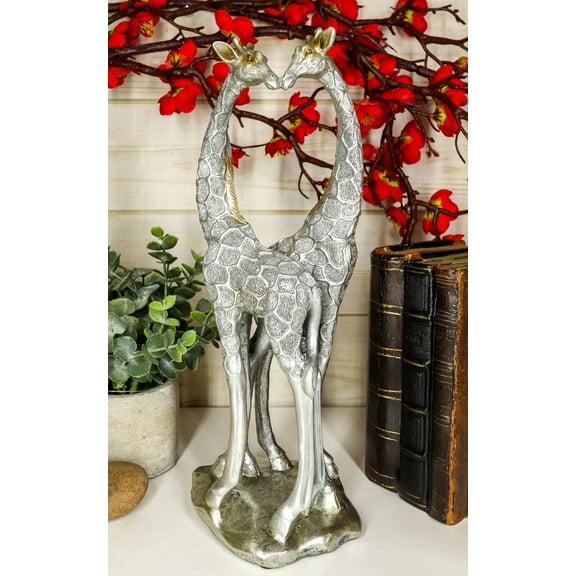 Large Silver Giraffe Heart Lovers Couple Statue 12.5"H Safari Savannah Giraffes