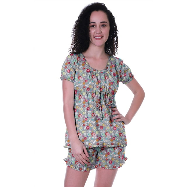 Moomaya Pyjama en Coton pour Femmes, Ensemble de Nuit 2 Pcs avec Shorts, Ensembles de Pyjama avec Shorts
