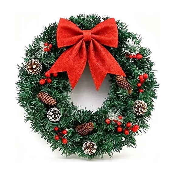 Yangka Artificial Christmas Wreath With Red Bow Pinecones And Red Berries, Green Pine Front Door Holiday Wreath For Indoor Outdoor Wall Home Decor