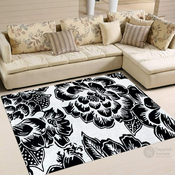 Teppich Homes Soft Handmade Geometric Pattern 5x7 Area Rug for Kids’ Room - Black and White Tufted Wool Carpet