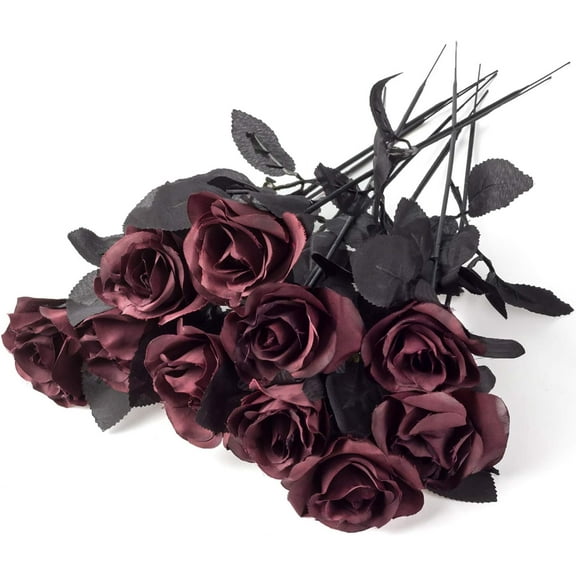 10pack Black Artificial Silk Roses Flowers Fake Silk Rose Bouquets for Wedding Party Home Decorations Halloween Decoration