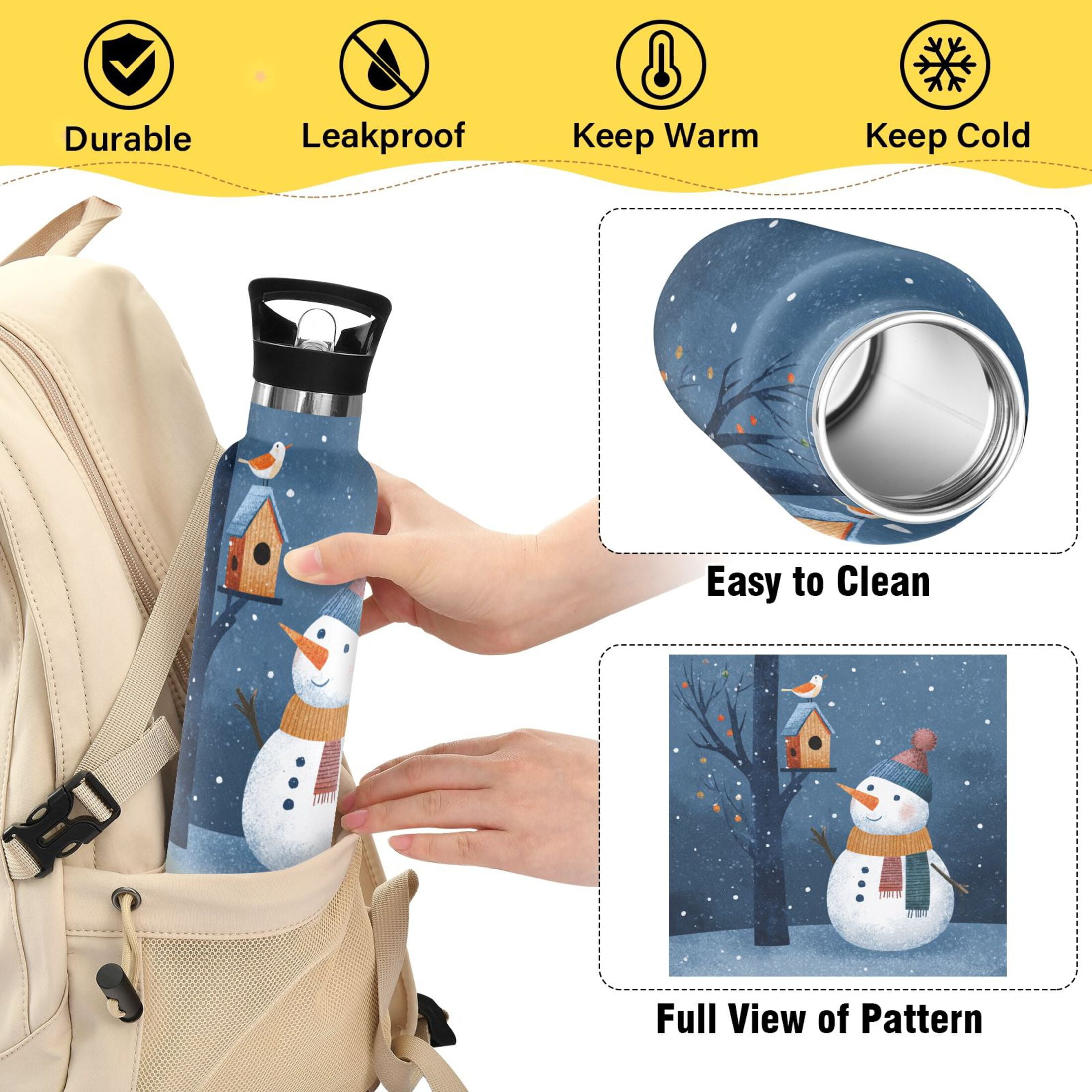 600ML Stainless Steel Insulated Cup Sports Water Bottle Portable Thermos Cup Water Glasses Insulated Tumblers Convenient and Durable Christmas Snowmen and Bird
