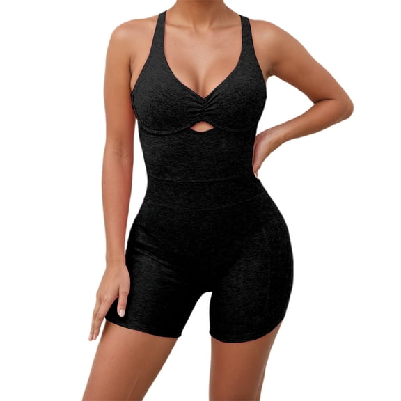 DHFJKG Womens Workout Romper Backless Yoga Short Jumpsuit Summer Gym Athletic Outfit Activewear Sleeveless V Neck Soft Fitness Stylish Onesie