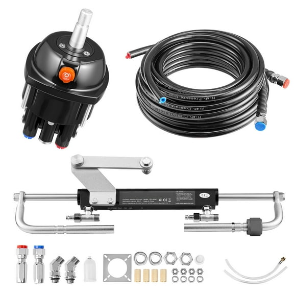 KFFKFF Hydraulic Steering Kit, 90 HP, Marine Boat Steering System, with 6.9 MPa/1000 psi Helm Pump, Two-Way Lock Cylinder, and 24 ft Durable Hoses, for Single Station and Single-Engine Applications