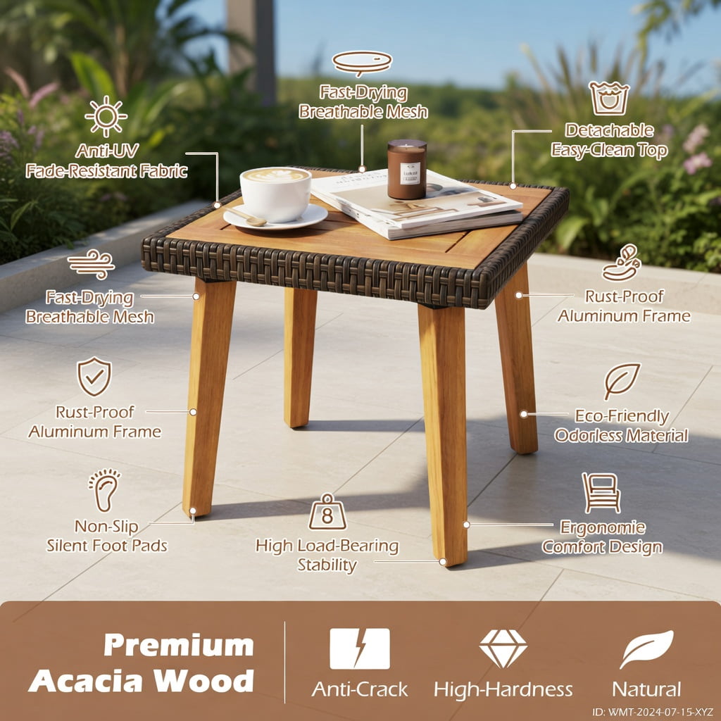 Hommoo 5-Piece PE Rattan Outdoor Furniture Set with Square Coffee Table & Matching Ottomans, Acacia Wood Frame, Weather-Resistant Wicker Patio Set for Backyard, Poolside & Porch, White
