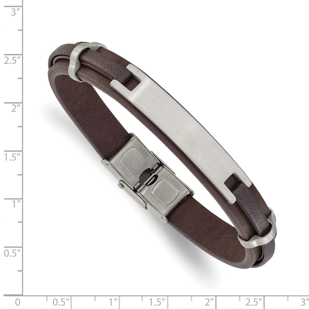 Diamond2Deal Stainless Steel Brushed Brown Leather ID Bracelet for Men 8.5"