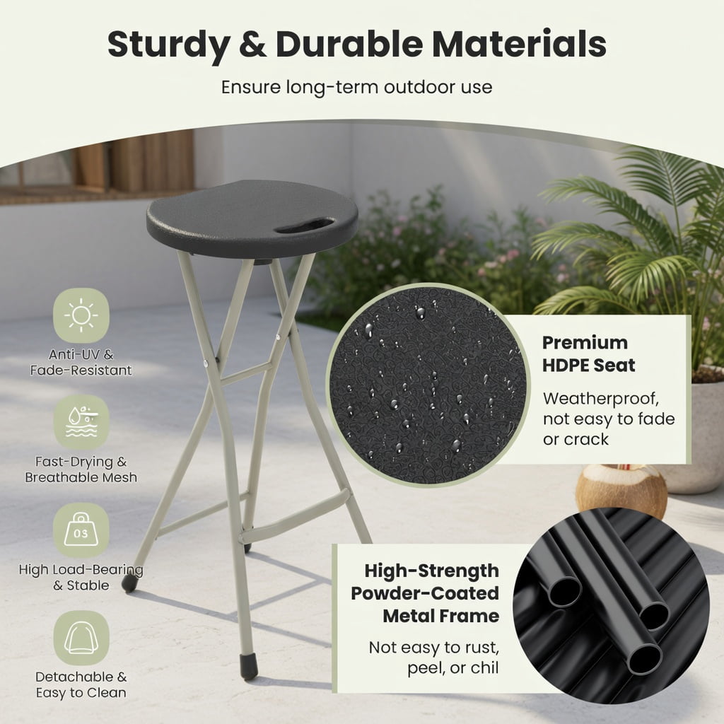 Hommoo 28" Portable Folding Stool, Heavy-Duty Steel Frame, Compact Foldable Design for Camping, Picnics, Fishing & Indoor Use, Black