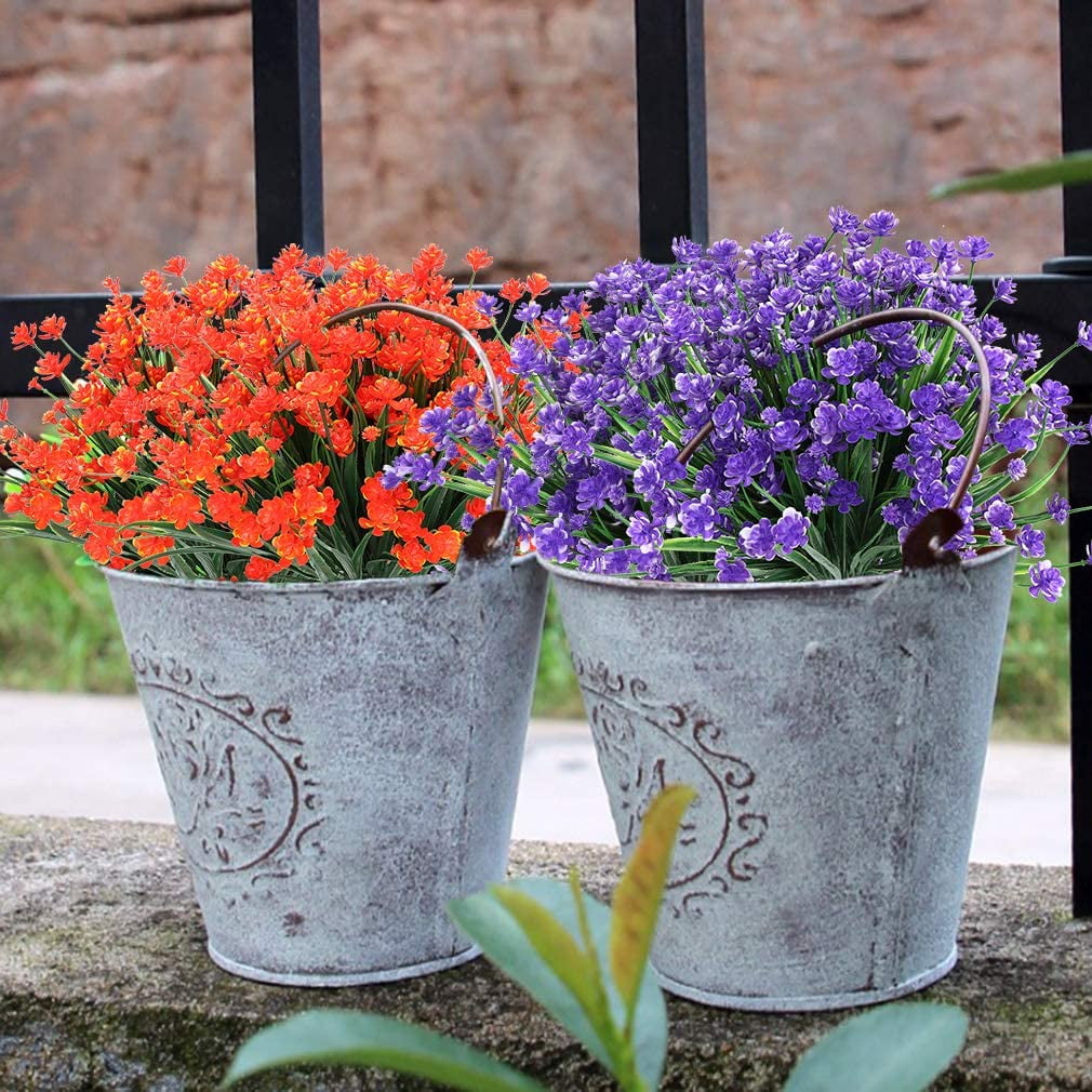 8 Bundles Outdoor Artificial Fake Flowers UV Resistant Shrubs Plants, Faux Plastic Greenery for Indoor Outside Hanging Plants Garden Porch Window Box Home Wedding Farmhouse Decor (Orange Red)