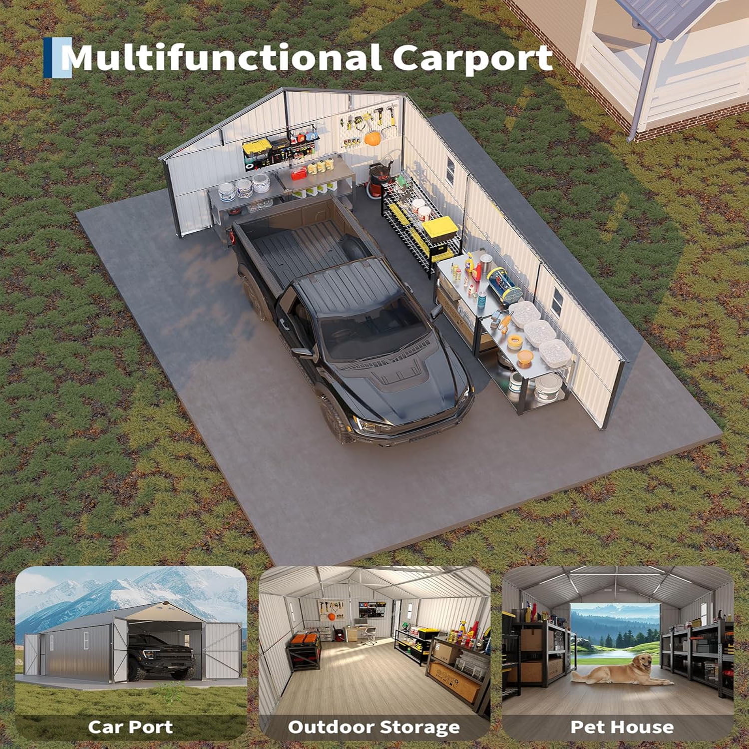 Gaderth 12x20 ft Enclosed Metal Car Port, Carport with Vertical Steel Roof for All-Weather Use, Reinforced Frame and Steel Roof, Metal Garage Shed for Full-Sized Pickup Trucks & SUV