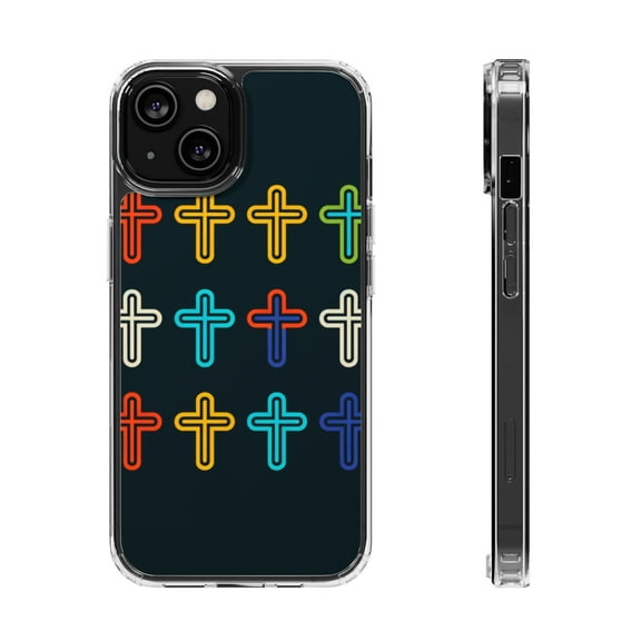 DistinctInk Clear Hybrid Case for Apple iPhone 13 (6.1" Screen) - Vibrant Crosses: Boldly Minimalistic Pattern Design - Tempered Glass Back