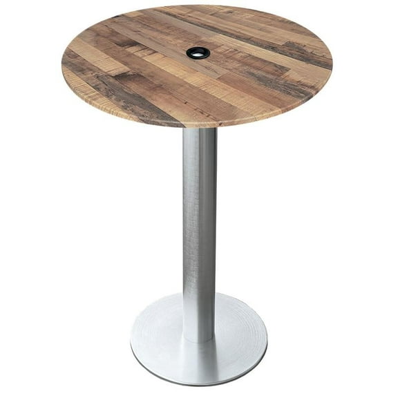 Indoor/Outdoor 36" Tall OD219 Brushed Aluminum Table Base with 18" Diameter foot and 32" Diameter Indoor/Outdoor Rustic Top with Umbrella Hole