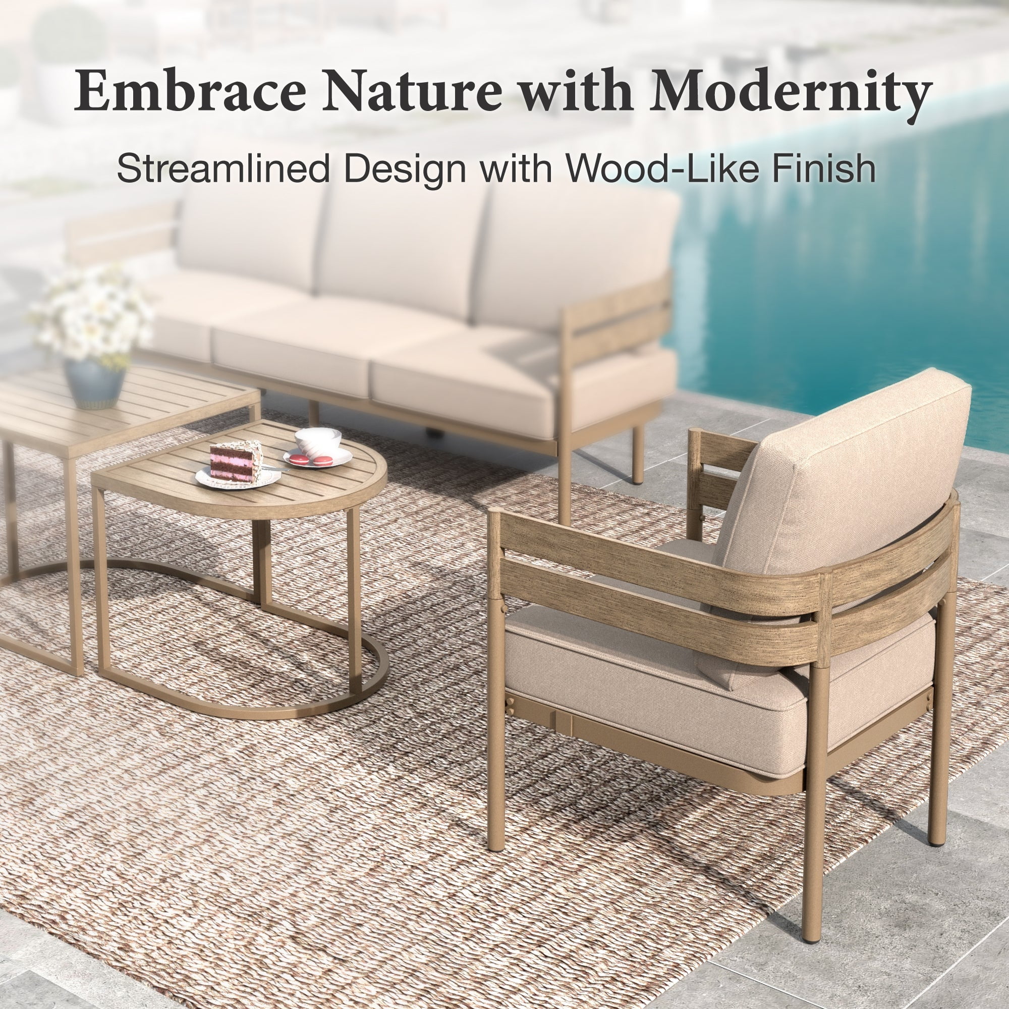 Summit Living 5-Piece Metal Outdoor Patio Furniture Set with Swivel Chairs, Wood-Grain Outdoor Patio Conversation Set for 5 People, Modern Curved Back Sofa Set