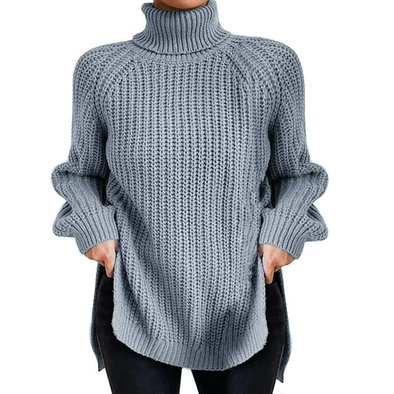DuoJiaJ Womens Turtleneck Oversized Sweater Batwing Pullover Sweater Casual Fall Loose Knit Jumper Top Blue L