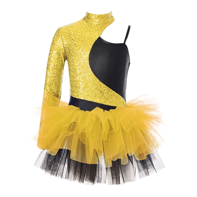 Jowowha Robe Justaucorps de Ballet à Sequins Manches Asymétriques pour Filles Jazz Latin Moderne Or 6