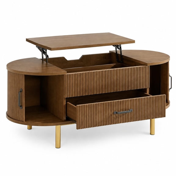 47.2 Inch Fluted Oval Lift Top Coffee Table, Mid-Century Modern, with Hidden Storage for Living Room Home Office, Walnut Finish