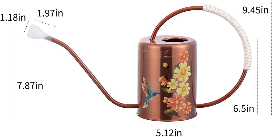 1/2 Gallon 68oz Long Spout Stainless Steel Flower for Indoor Plant Watering or Outdoor Gardening with 2 Removable Spray Spout for Flowers Plant Hummingbird Pattern Watering Can, Bronze
