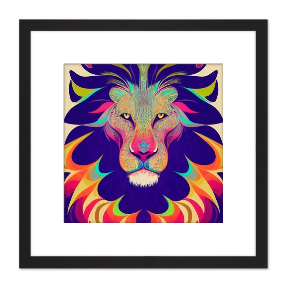 Colourful Multicoloured Modern Lion Face Mane Portrait Illustration Square Wooden Framed Wall Art Print Picture 8X8 Inch