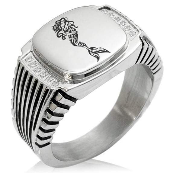 Stainless Steel Alluring Mermaid CZ Ribbed Needle Stripe Pattern Biker Style Polished Ring