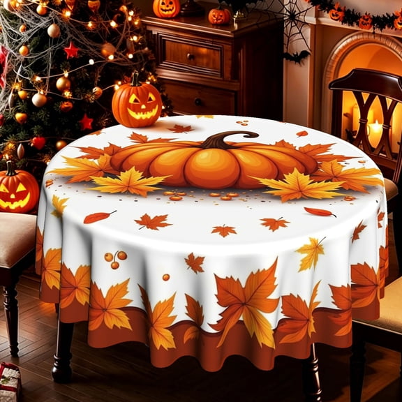 Large Pumpkin & Fall Maple Leaf Pattern 2D Print Round Tablecloth, Table Cover for Daily Kitchen Dining, Outdoor Patio Holiday Gatherings, Autumn Harvest Halloween Party Decor