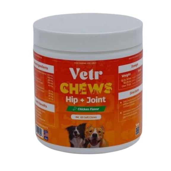 Vetr Hip and Joint Chicken Flavored Chews for Dogs - Glucosamine Chondroitin MSM Supplement - 60 Chewable Tablets - Vet-Formulated in USA