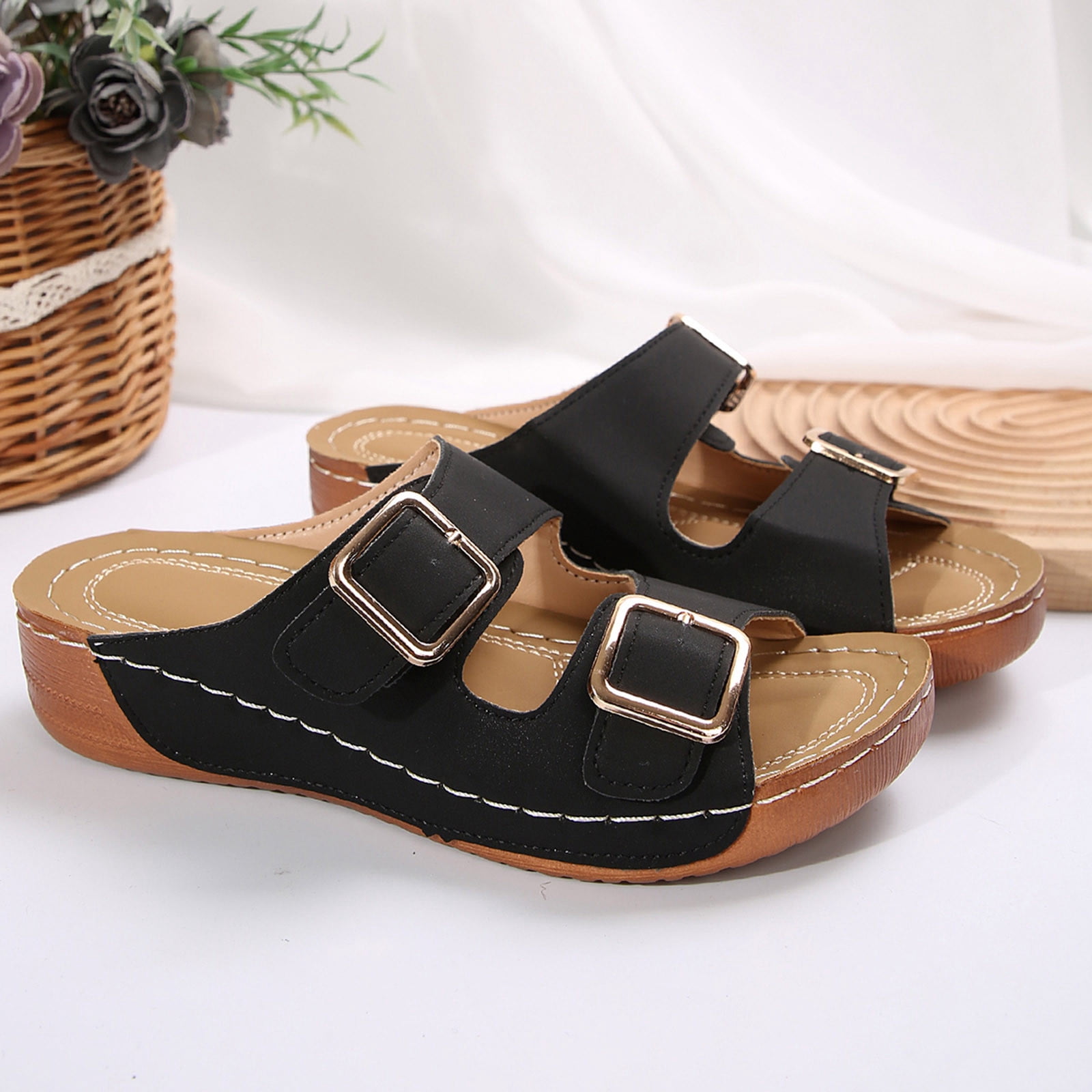 Summer Sandals for Women Orthopedic Wedge Shoes Comfortable Walking Slides Plantar Fasciitis Sandals with Arch Support Anti-Slip Beach Sandals Breathable Black 38