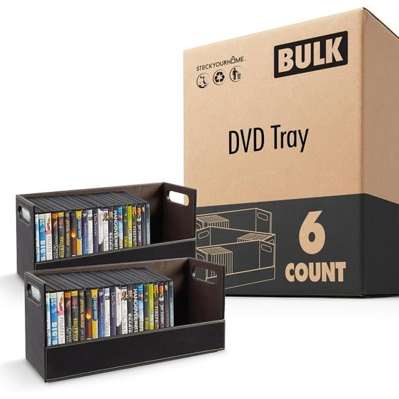 Stock Your Home DVD Storage Box, Movie Shelf Organizer for Blu-Ray, Video Game Cases, CDs, VHS Tape Display Stand, Disc Holder Can Store Up to 28 DVDs, Faux Leather (Espresso) 6 pack
