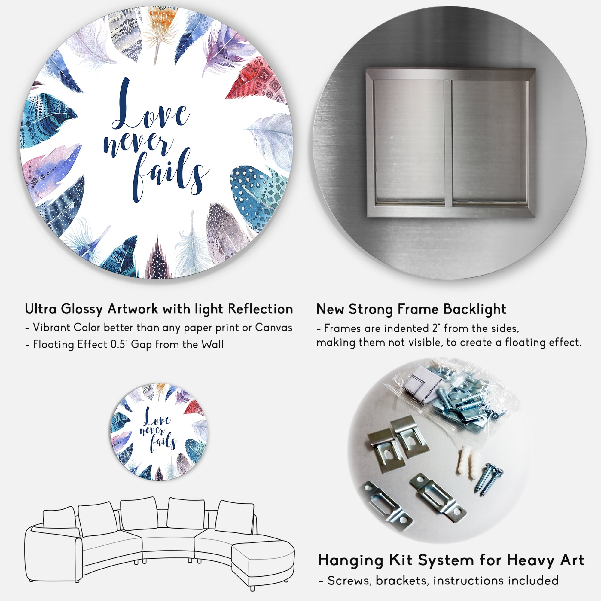 Designart 'Inspiring Quote With Boho Feathers' Bohemian & Eclectic Circle Metal Wall Art 36x36 - Disc of 36