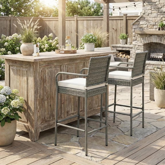 Topcobe Patio Wicker Barstools with Armrests and Soft Cushions for Porch Backyard Set of 2, Outdoor Patio Furniture for Garden Backyard Pool Deck