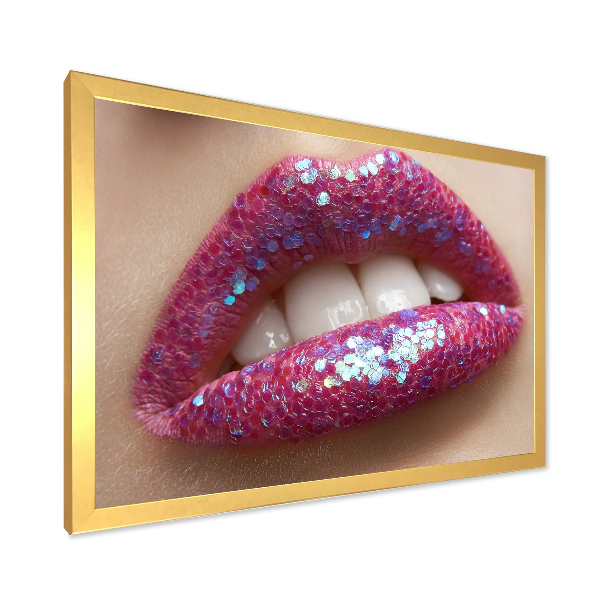 Designart 'Girl Lips Pink Lipstick and Sequins' Modern Framed Art Print