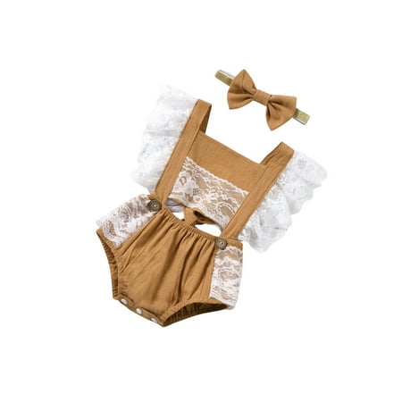 

Canrulo Princess Newborn Baby Girls Boys Rompers Headband Lace Flowers Print Ruffles Sleeve Backless Jumpsuit Khaki 0-3 Months
