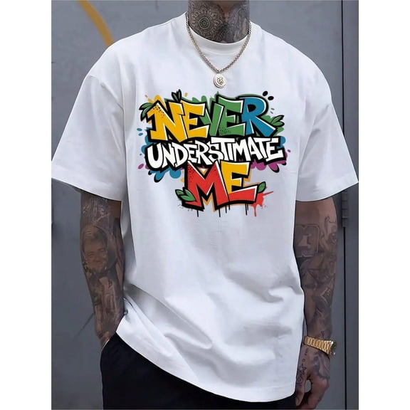 Men's Colorful Graffiti Graphic T-Shirt, Inspirational Streetwear Crew Neck Short Sleeve Tee, Casual Summer Fashion Shirt for Daily Wear, Travel, Gym, Outdoor Activities