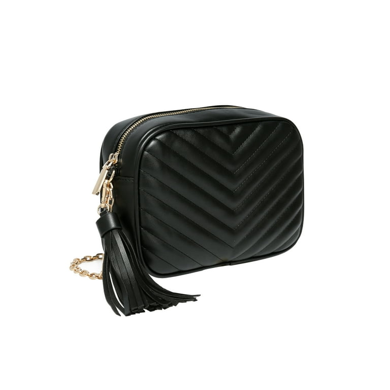 Chevron Quilted Crossbody Bag With Tassel and Adjustable Chain 