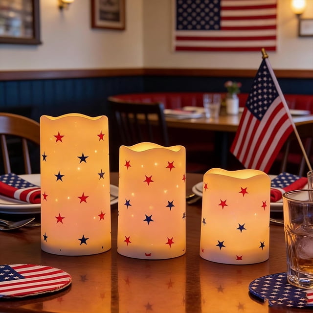 Linnome Independence Day Colorful Star Electronic Candle Light Set 3 Pieces Flameless LED Remote Control Candles Multicolor As Shown