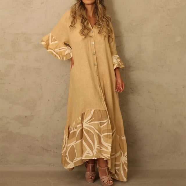 Vestido Largo Básico Impresión de vestido largo básico de gran tamaño para mujer elegante ropa diaria (amarillo XXL) Cgtredaw Para estrenar