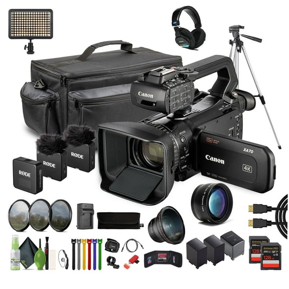 Canon XA70 PAL 4K UHD Camcorder 25p Bundle with 2x 128GB Cards, Stereo Headphones, Tripod, Case, LED Light, Wireless Mic Recorder (International Model)