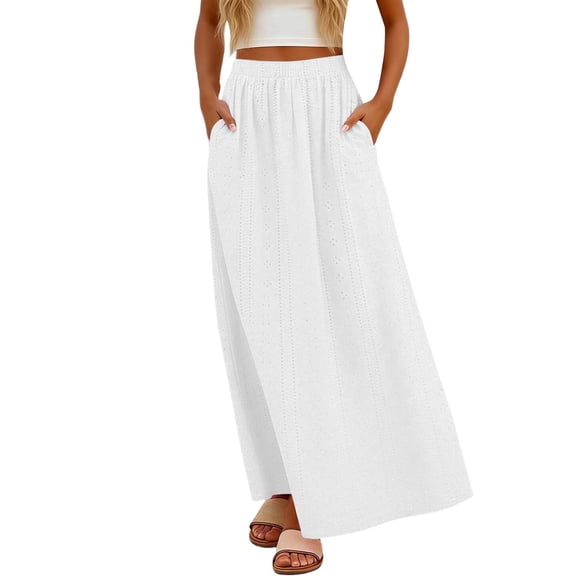 Arlun Casual Long Pleated Skirt for Women Elegant Eyelet Solid Color Flowy Summer Maxi Skirts Elastic High Waist Simple Stylish Beach Vacation Skirt Comfort for Everyday Wear White XL