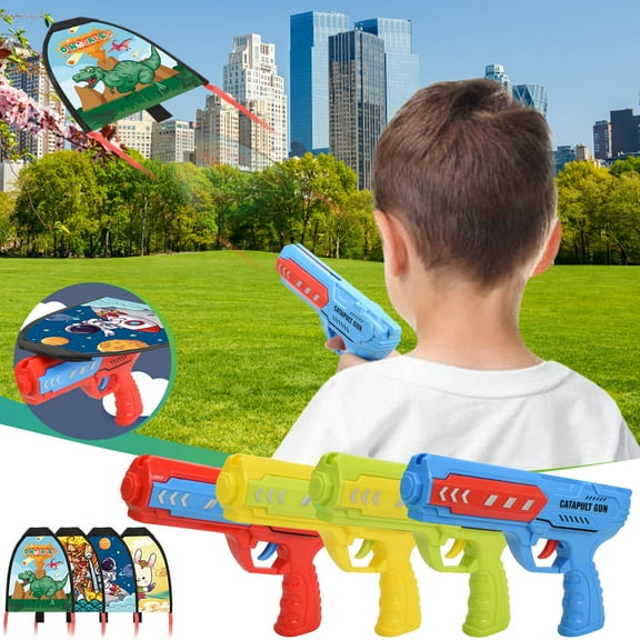 ABPWLY Toys Kite Catapult Toys Set with 4 Kites for Outdoor Play Beach Toy for Kids 3+ Years Old Mechanical Spring Launch System Birthday Gifts