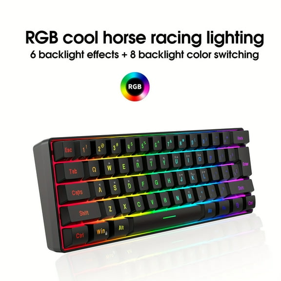 Compact, Portable 61-Key GLZ'HOME RGB Backlit Wired Gaming Keyboard - USB Charging, Black, Vibrant Color Coding for Enhanced Gaming Experience for PC/Mac Gamers & Travel