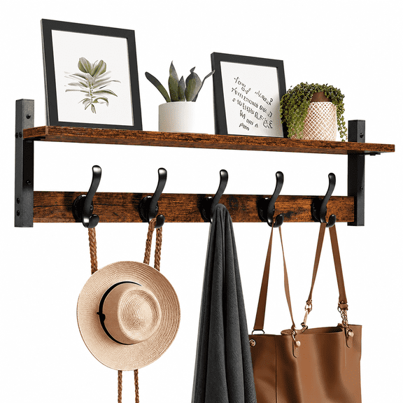 Rustic Wood Metal Wall Hook Rack with Storage Shelf, Heavy Duty Entryway Organizer with 5 Metal Hooks, Decor Coat Hanger for Hat Bag Scarf Towel, Fits Entryway Bathroom Bedroom Living Room