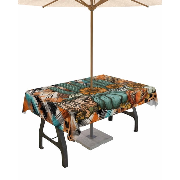 Fsddascl Vintage Fall Pumpkins Outdoor Tablecloth - 60x84 Inch Rectangle Dining Table Cover, Thanksgiving Sunflower Waterproof Outdoor Table Cloth with Umbrella Hole & Zipper for Picnic/Patio/Party