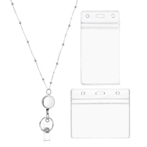 Uxcell Round Badge Necklace Lanyard with 1 Set ID Holder, Silver Tone
