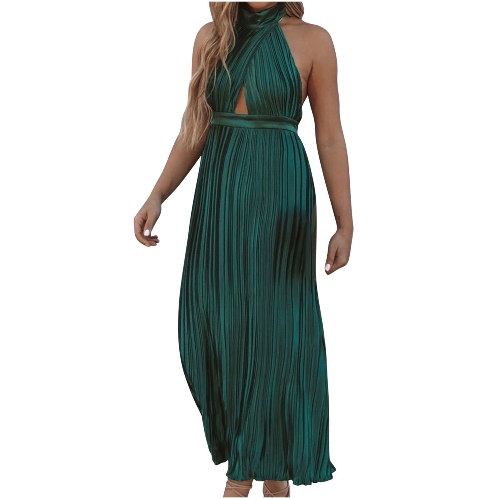 Wycnly Formal Dresses for Women Sleeveless Halter Striped Print Summer Maxi  Dresses Flowy Pleated Swing Off Shoulder Backless Party Dress Green M -  Walmart.com