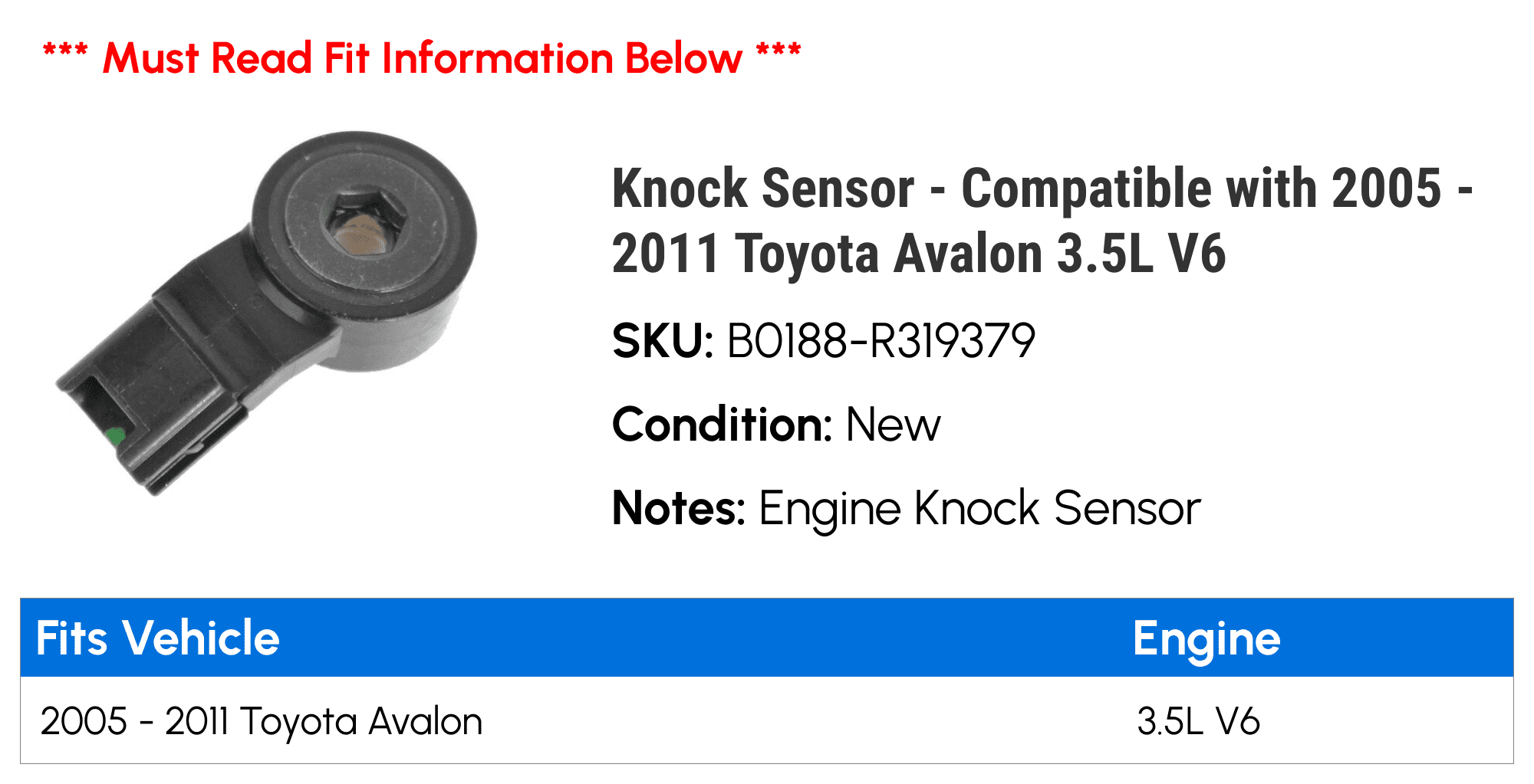 Knock Sensor - Compatible with 2005 - 2011 Toyota Avalon 3.5L V6 2006 2007 2008 2009 2010