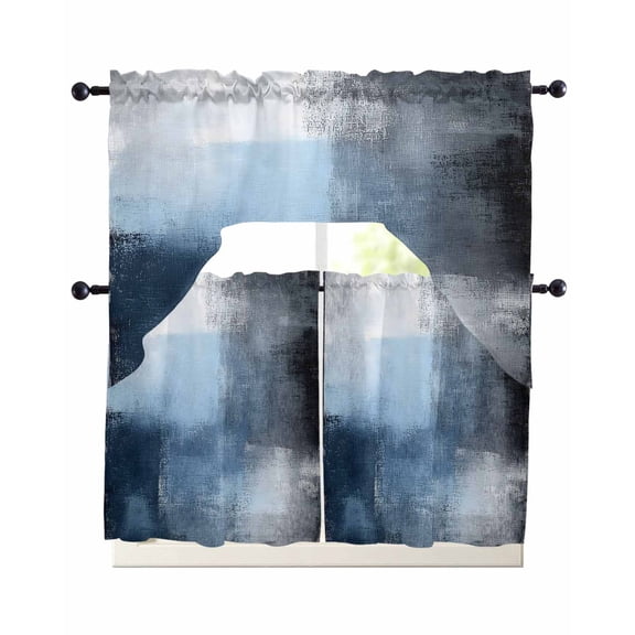 Blue Grey Kitchen Curtains Swag Valance and Tier Curtains Set 36 Inch Length, Modern Oil Painted Art Abstract Geometric Rod Pocket Drape Panels Pair Swag Curtain for Bathroom/Cafe/Window