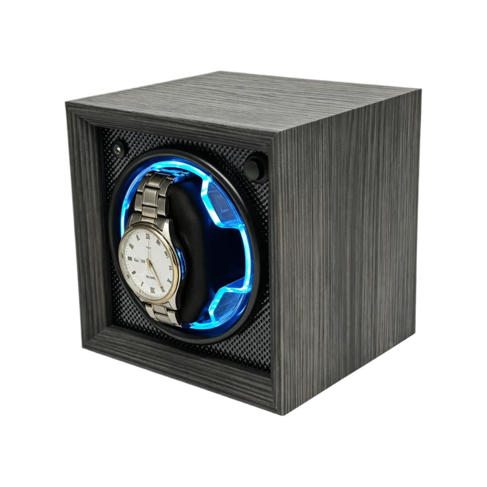 Grey Wood Automatic Watch Winder Box With Blue LED Light Quiet Motor Dual Direction Rotation For Mechanical Timepieces